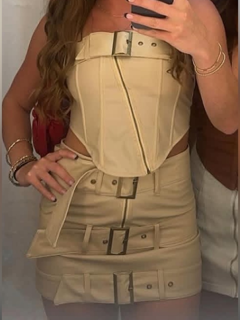 EGO Cream Colored Buckle Mini Skirt & Bandeau Top Set